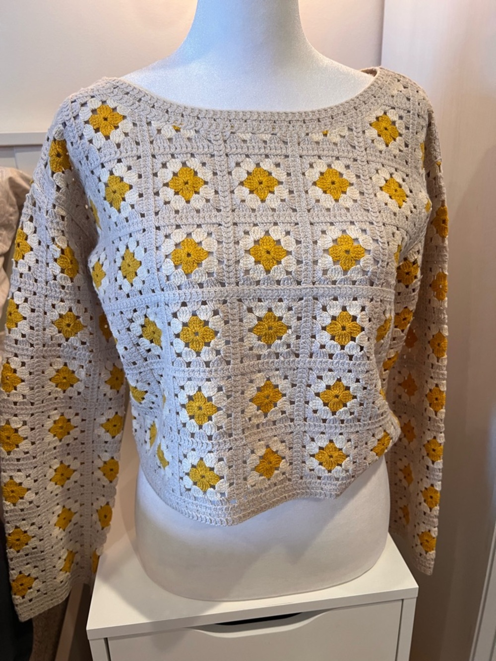 Crochet Boxy Sweater Top in Cream with Mustard Accents